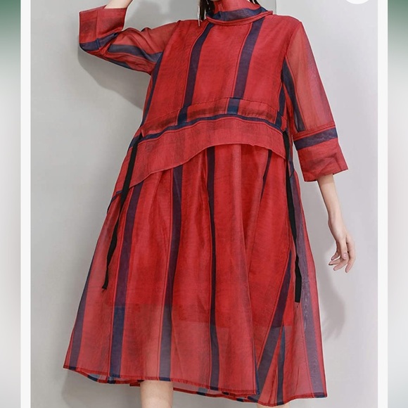 Ellazhu Dresses & Skirts - Ellazhu Red w/Navy Stripes Women Half Sleeve Tulle Dress Loose Casual. Size S-L.